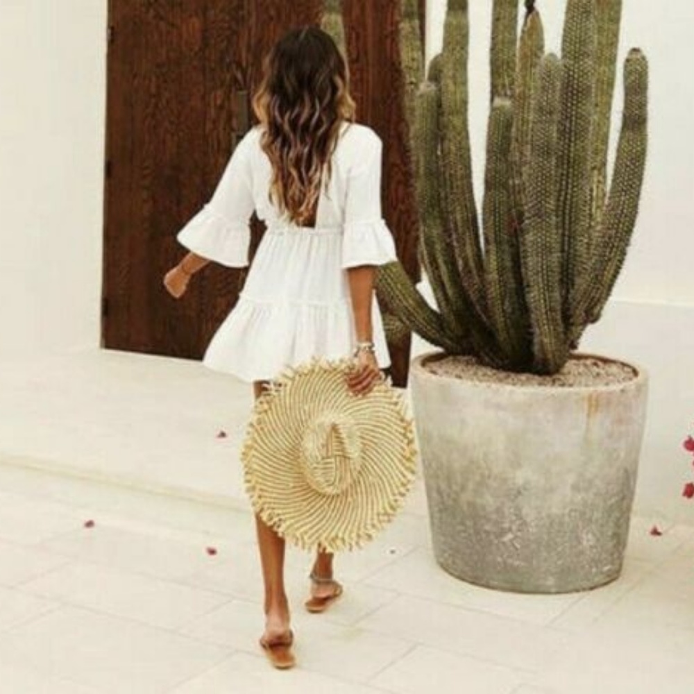 Bohemian White Cotton Tunic Mini Beach Dress - Picture 2 of 7